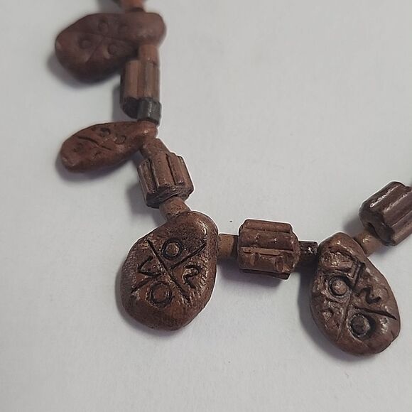 Carved Ceramic Beaded Necklace with Hook Clasp Brown - Picture 5 of 6